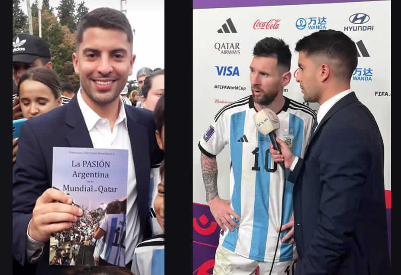 Gastón Edul con el libro La Pasión Argentina por el Mundial (izq.) y entrevistando a Messi (der.)